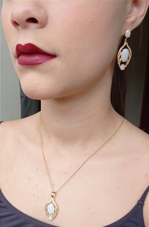 Colar E Brinco Banhado A Ouro 18k Semijoia De Quartzo Branco