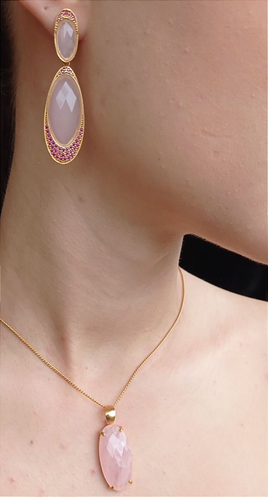 Colar E Brinco Banhado A Ouro 18k Semijoia De Quartzo Rosa Claro e Microzirconias Rosa Pink