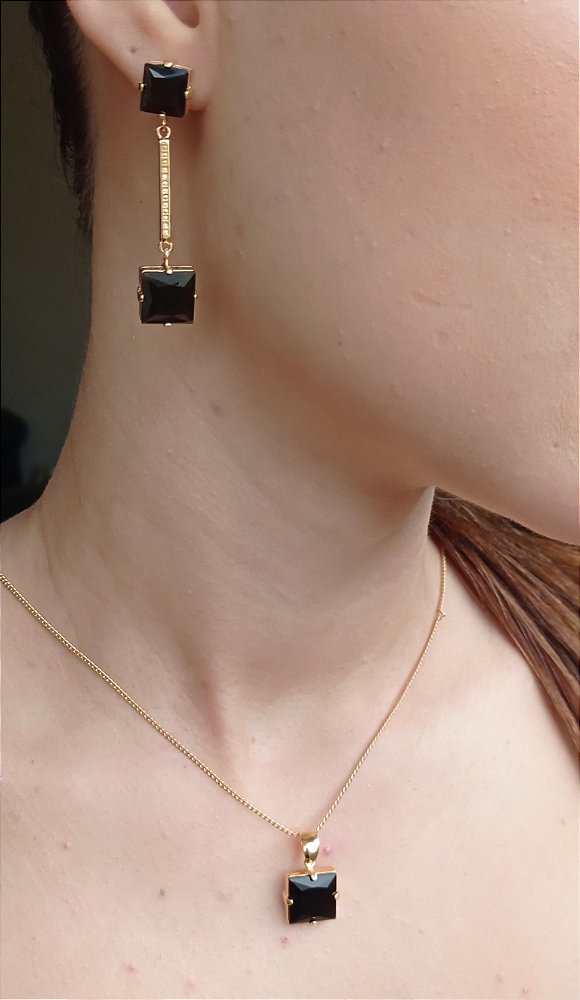 Colar E Brinco Banhado A Ouro 18k Semijoia Em Onix Preto