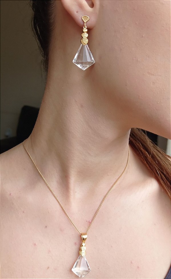 Colar E Brinco Banhado A Ouro 18k Semijoia De Cristal Translúcido Príncipe