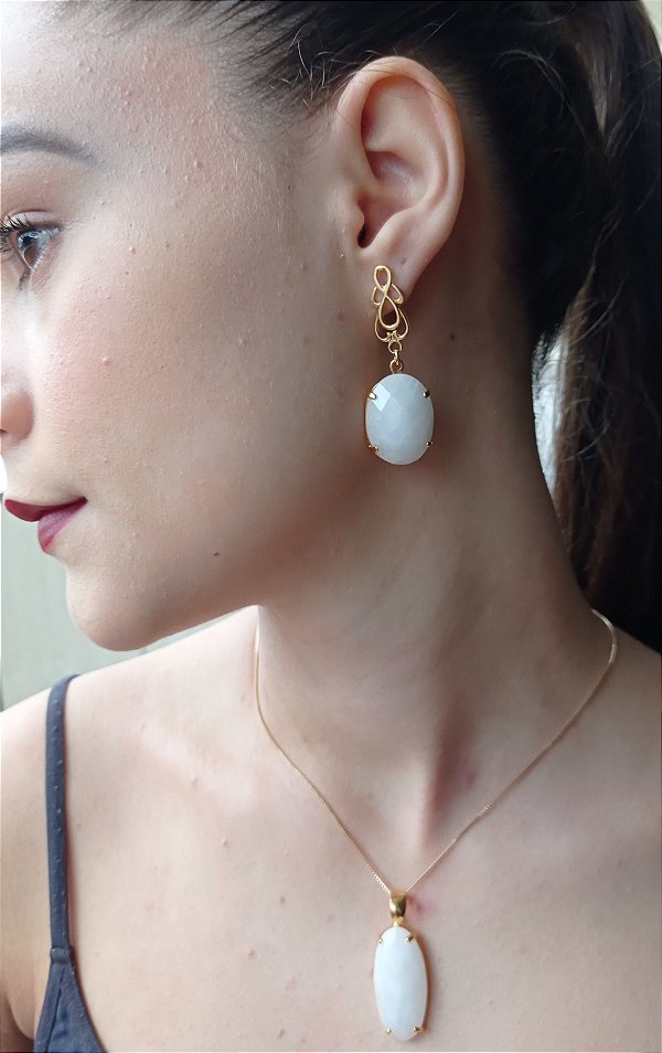 Colar E Brinco Banhado A Ouro 18k Semijoia Com Pedra Quartzo Branco Leitoso