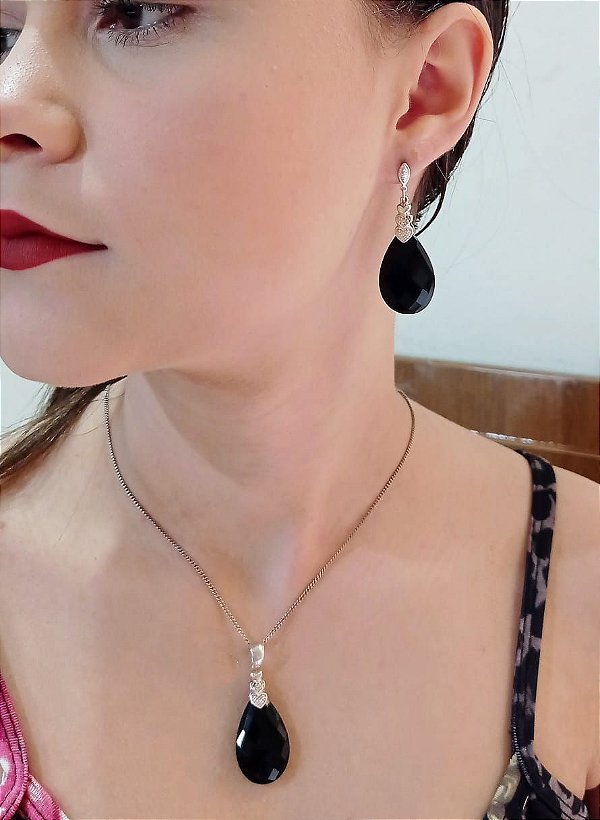 Colar E Brinco Na Prata De Onix Preto