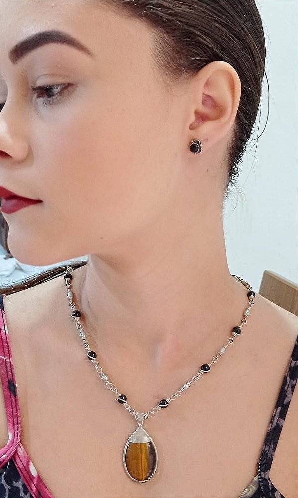 Colar E Brinco Na Prata De Onix Preto Com Olho De Tigre