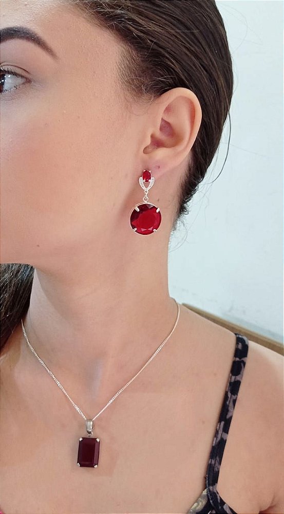 Colar E Brinco Na Prata Com Zircônia Vermelha Rubi