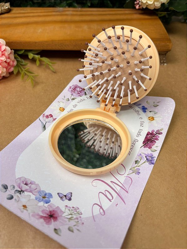 Mini escova de Cabelo e espelho com Tag Premium com acabamento artesanal - Personalizado