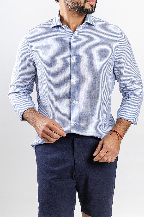 Camisa Verano Linho Azul Listrado