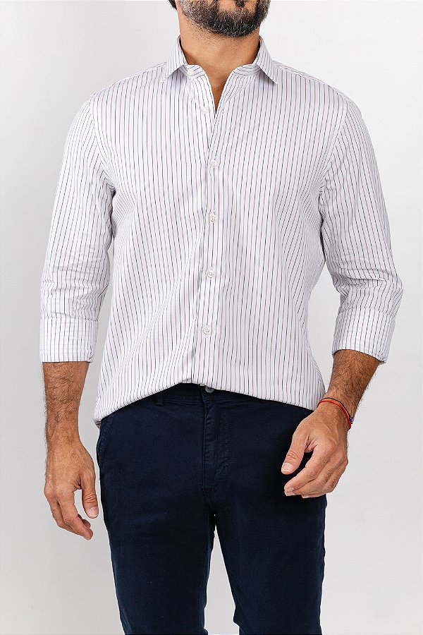 Camisa Arm Collar Branca Listra Azul e Vermelha
