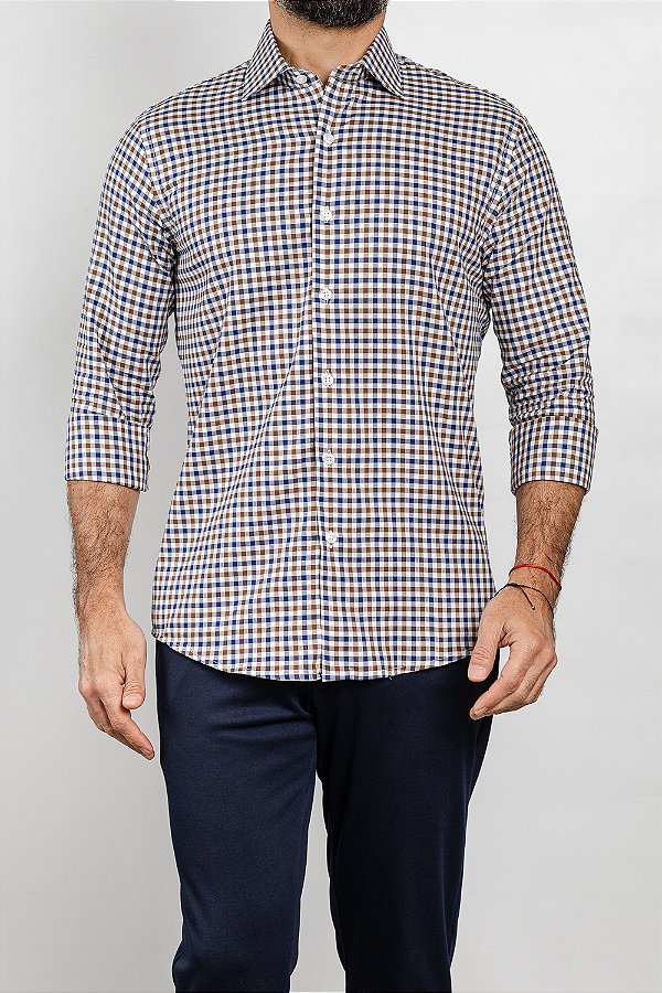 Camisa Arm Collar Branca Xadrez Azul e Café