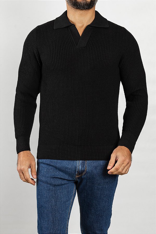 Tricot Polo Gola V Preto