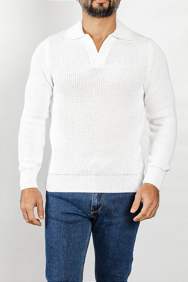 Tricot Polo Gola V Branco