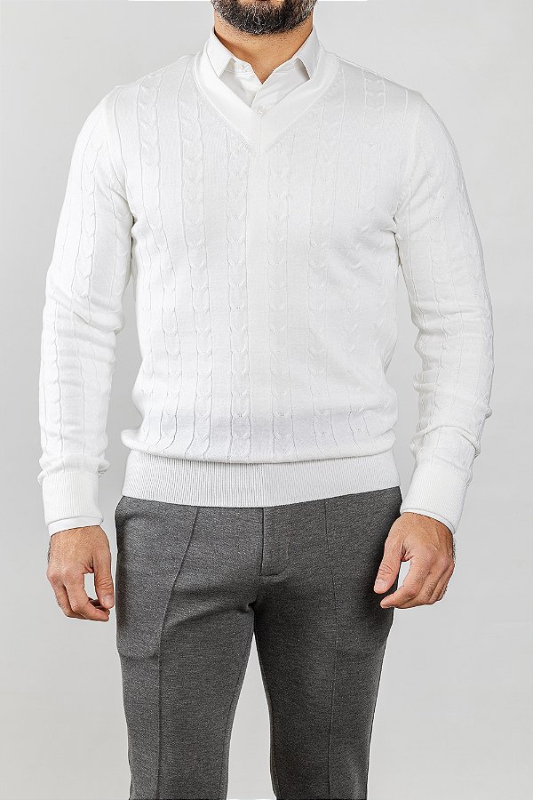 Tricot Gola V Trançado Branco