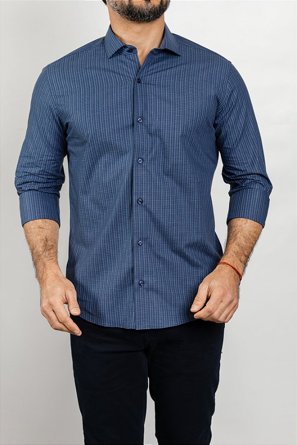 Camisa Arm Collar Pima Azul Marinho Xadrez