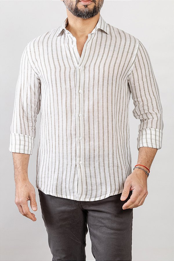 Camisa Verano Linho Branca Listra Oliva