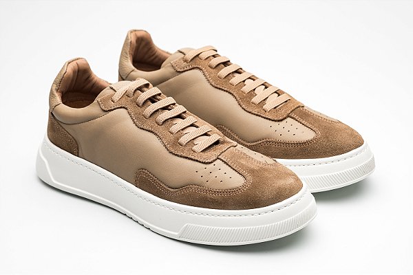 Sneaker Couro e Camurça Bege