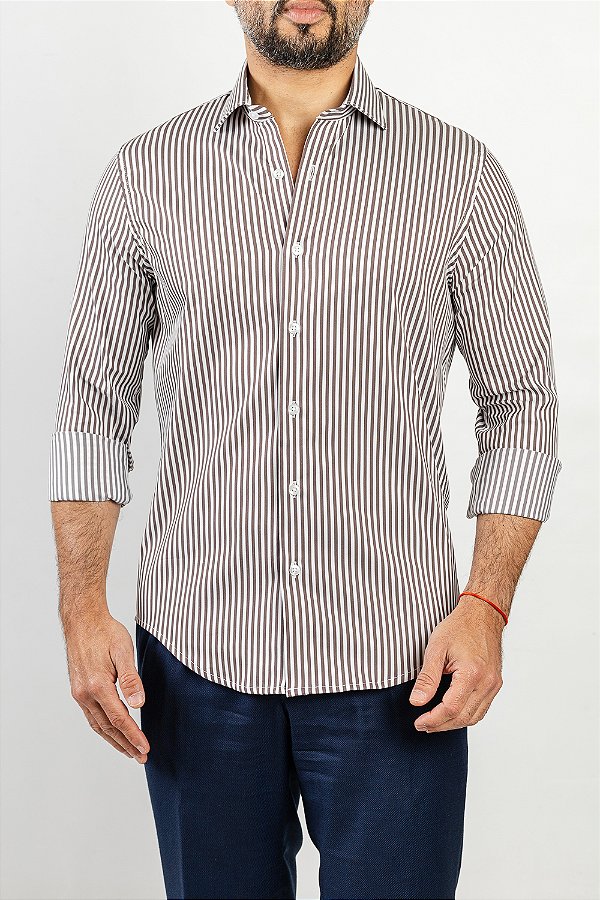 Camisa Arm Collar Branca Listra Café
