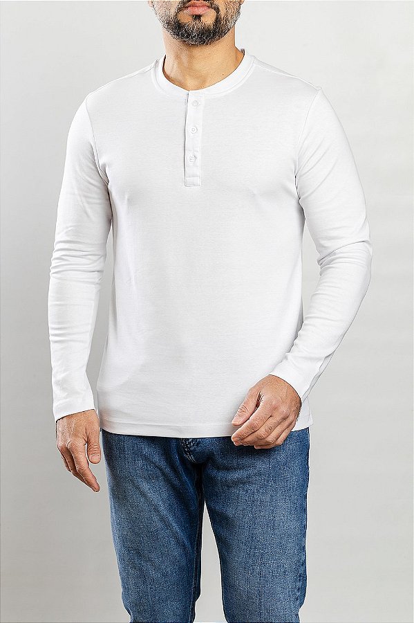 Camiseta Manga Longa Henley Branca