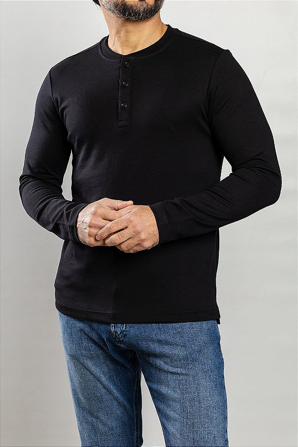 Camiseta Manga Longa Henley Preta