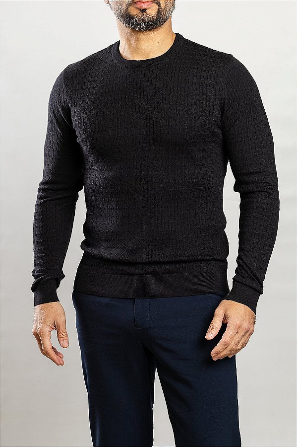 Tricot Gola Redonda Textura Preto