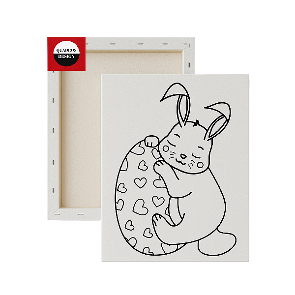 Tela para Pintura Infantil - Coelhinho Abraçando Ovo de Corações