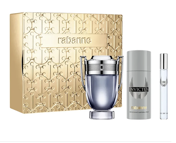 KIT PERFUME PACO RABANNE INVICTUS MASCULINO 100ML + DESODORANTE CORPORAL + TRAVEL SPRAY