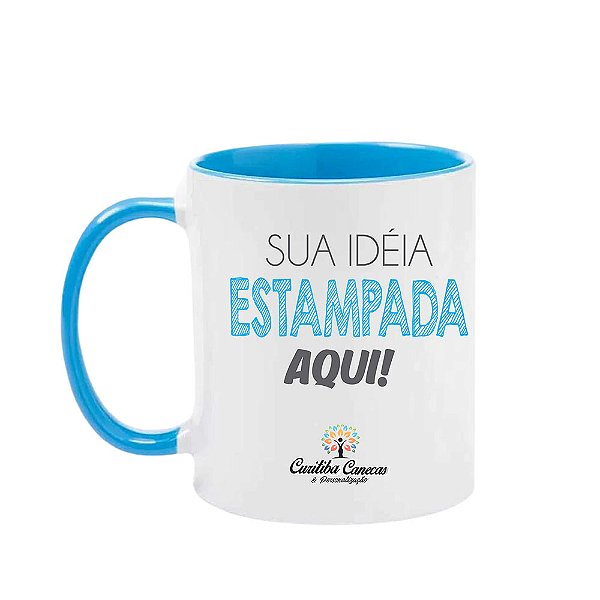 CANECA BRANCA COM INTERIOR E ALÇA AZUL CLARO PARA PERSONALIZAR