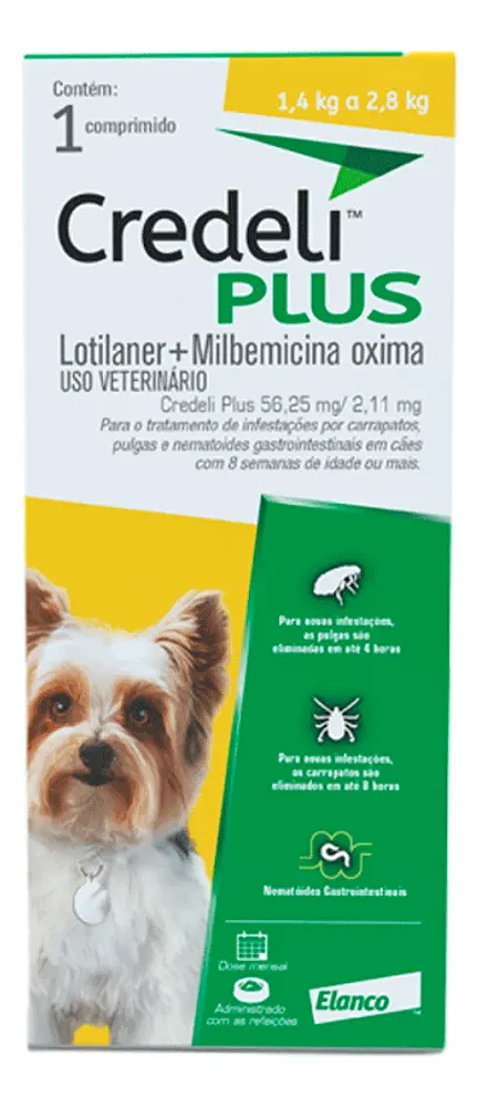 Credeli Plus Antipulgas Carrapatos E Vermes Cães 1,4 A 2,8kg 1 comp