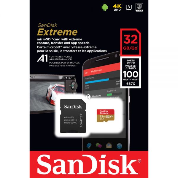 Memória Micro Sd Sandisk Extreme 100-60 Mb/S C10 U3 32 Gb (Sdsqxaf-032G-Gn6Ma)