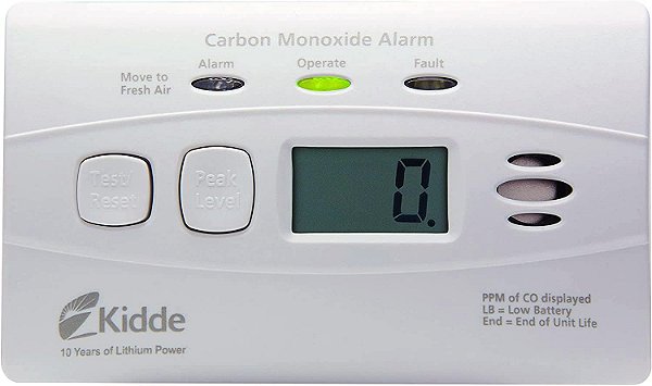 Detector de monóxido de carbono Kidde com bateria de 10 anos, display digital, 3 LEDs, indicador de substituição, memória de nível máximo.