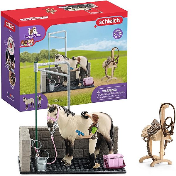 Clube do Cavalo Schleich, Presentes para Meninas e Meninos, Conjunto de Área de Banho para Cavalo com Figura de Cavalo, 11 Peças, Idade 5+