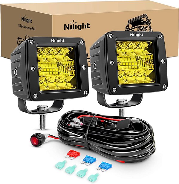 Nilight 2 Peças de Faróis LED âmbar de 3 polegadas 42W Cubos LED atualizados Combo de Luz de Condução de Spot Flood, Luz de Ré com Kit de Chicote de Fiação para Off Road - 2 Cabos para Cam