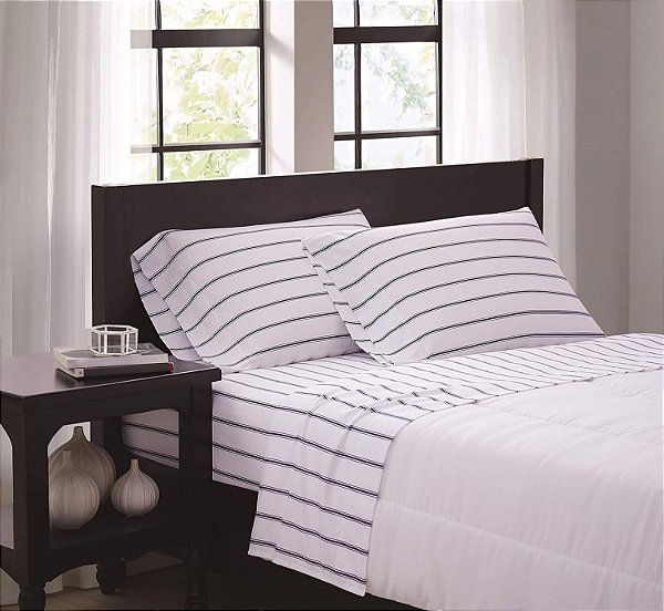 Jogo de Lençol e Fronha de Microfibra Twin Truly Soft Everyday - Coleção Ticking Stripe - Branco/Marinheiro, (SS3864WNTW-4700)