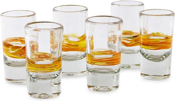 Copos de Tequila em Espiral Amarela Claro, Feitos à Mão pela NOVICA, 59ml Fita de Sol (Conjunto com 6)