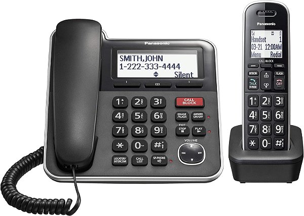 Sistema de telefone com fio/cordless expansível da Panasonic com atendedor automático e bloqueio de chamadas com um toque - 1 aparelho - KX-TGB850B (Preto)