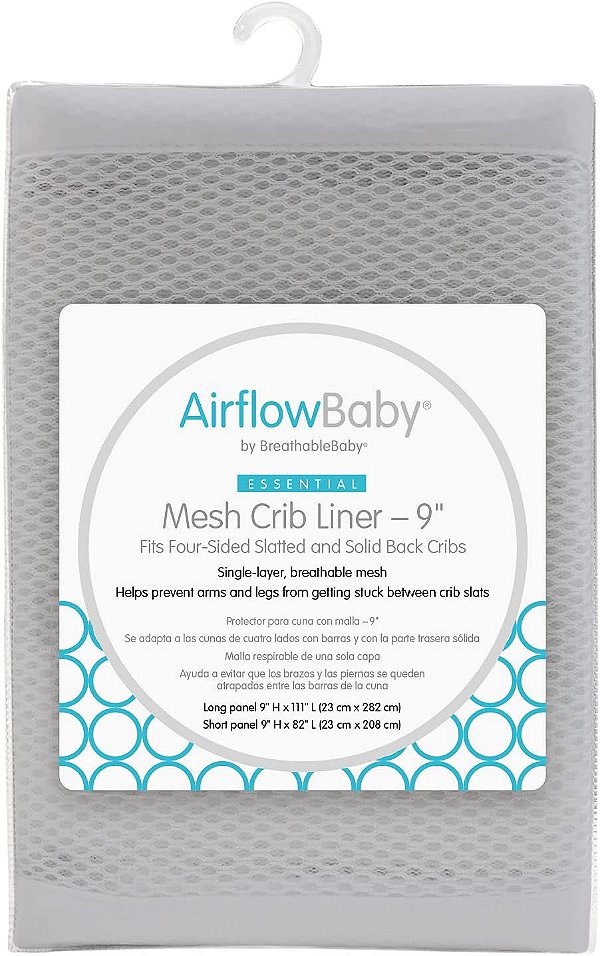 Forro de Malha Respirável AirflowBaby para Berços de Tamanho Completo, 9 H (23cm), Malha Essencial de 2mm, Cinza (Tamanho 4FS Cobertura para 3 ou 4 Lados)