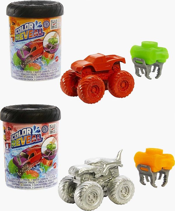 Caminhões Monstros Hot Wheels Color Reveal 2-Pack & Recipiente de Água Clip-On, 2 Caminhões de Brinquedo com Revelações Surpresa (Estilos Podem Variar)