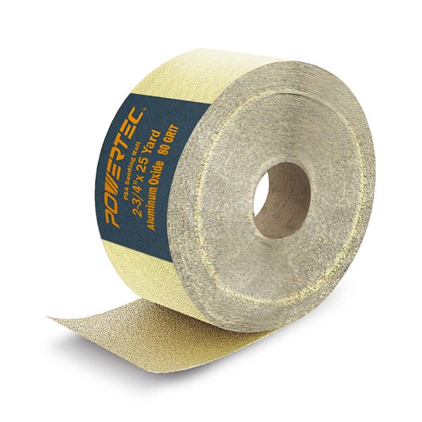 Lixa Adesiva de Óxido de Alumínio Dourado 180 Grãos, 2-3/4” por 25 Yard, Rolo Contínuo Longboard POWERTEC 4RA1108 para Marcenaria