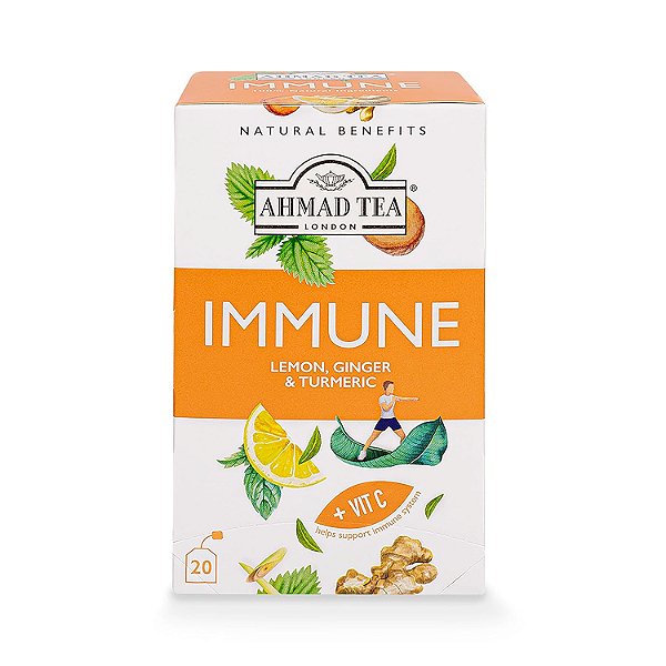 Chá de Ervas Ahmad Tea, Limão, Gengibre, Cúrcuma e Vitamina C 'Imune' Sacos de Chá de Benefícios Naturais, 20 un (Embalagem com 6) - Descafeinado e Sem Aç