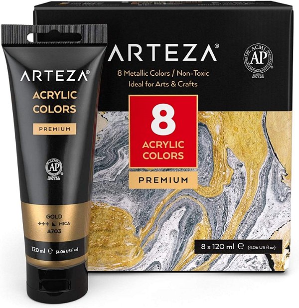 Pintura acrílica metálica ARTEZA, conjunto de 8 cores metálicas em tubos de 120ml, pigmentos ricos, tintas não desbotam, não tóxicas para artistas e pintores amadores, suprimentos de