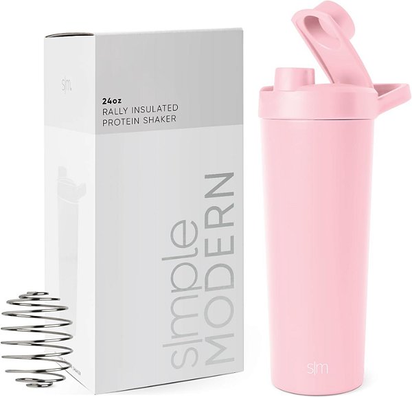 Garrafa Agitadora de Aço Inoxidável Simple Modern com Bola 24oz | Copo Isolado de Metal para Misturas de Proteínas, Shakes e Pré-Treino | Coleção Rally | Rosa Claro