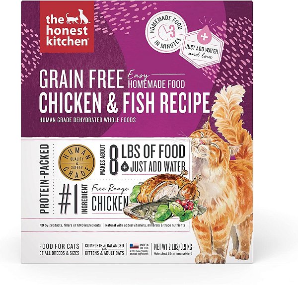 Alimentação para gatos desidratada sem grãos, de frango e peixe, 2 lb.