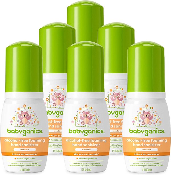 Desinfetante de Mãos Espumante Babyganics, Sem Álcool, Tamanho de Viagem, Tangerina, Mata 99,9% das Bactérias Comuns, Hidratante, 1,69 Fl Oz (Embalagem com