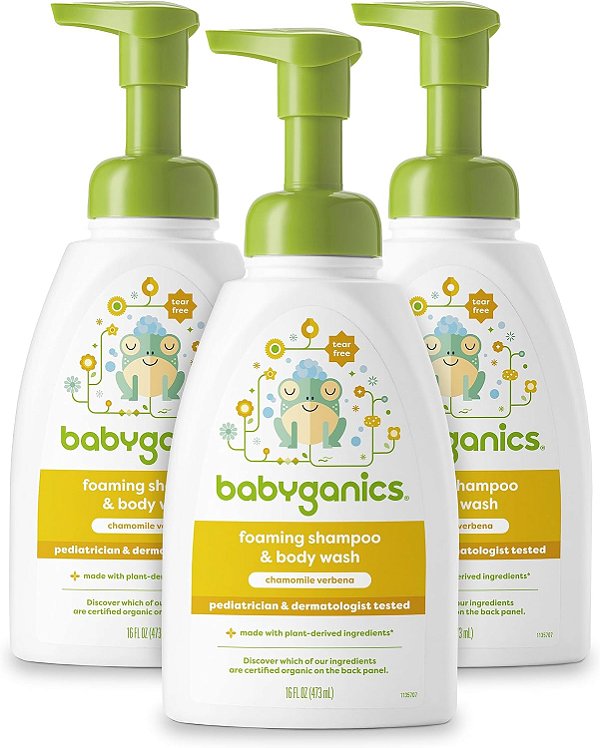 Frasco de bomba de xampu e lavagem corporal para bebês Babyganics, Camomila Verbena, Não-alérgico e Livre de lágrimas, 16 fl oz (Pacote com 3 unidades), Embalagem pode variar
