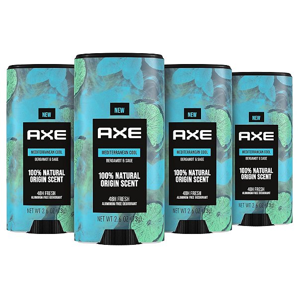 Bastão desodorante AXE para homens Mediterrâneo Cool, desodorante livre de alumínio com fragrância de 100% de origem natural e infundido com óleos essenciais, 2,6 onças (pacote com 4