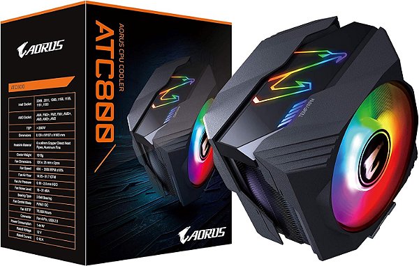 Gigabyte AORUS ATC800 CPU Cooler Funções RGB Inteligentes, Ventiladores Duplos de Alto Fluxo de Ar de 120mm Otimizados, 6X Heatpipes de Cobre de Alto Desempenho, Tecnologia de Toque Direto da