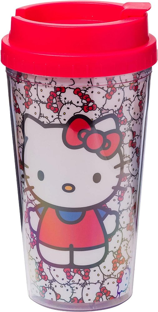 Caneca de viagem de parede dupla Silver Buffalo Sanrio Hello Kitty com padrão, tampa deslizante, 20 onças, 16 onças de rostos por todos os lados, 1 unidade (embalagem de 1)