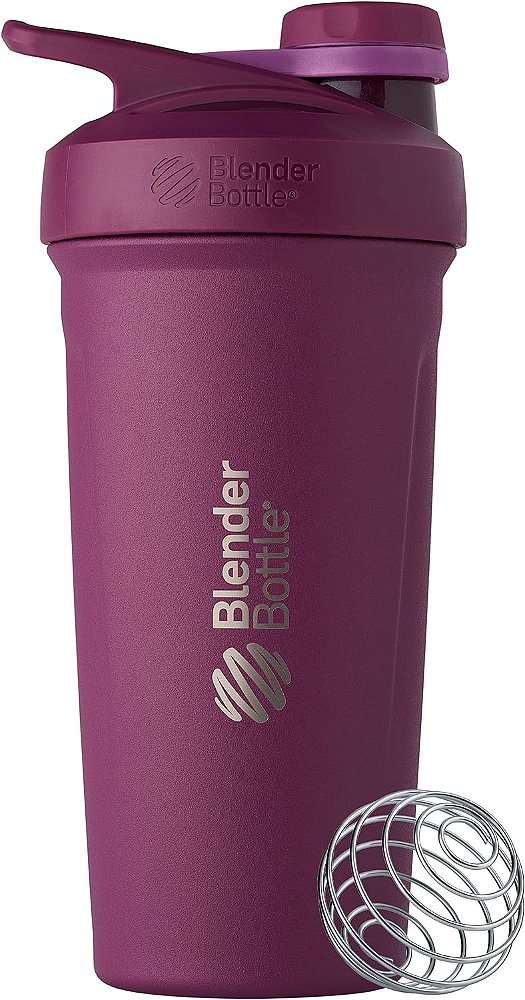 Copo agitador de aço inoxidável isolado com tampa giratória BlenderBottle Strada, garrafa de água de 24 onças, ameixa.