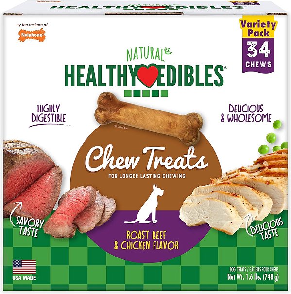 Nylabone Healthy Edibles Long-Lasting Dog Treat Variety Pack - Petiscos Naturais para Cães Pequenos - Produtos para Cães - Sabores de Carne Assada e Frango, X-Small/Petite (34 unidades)
