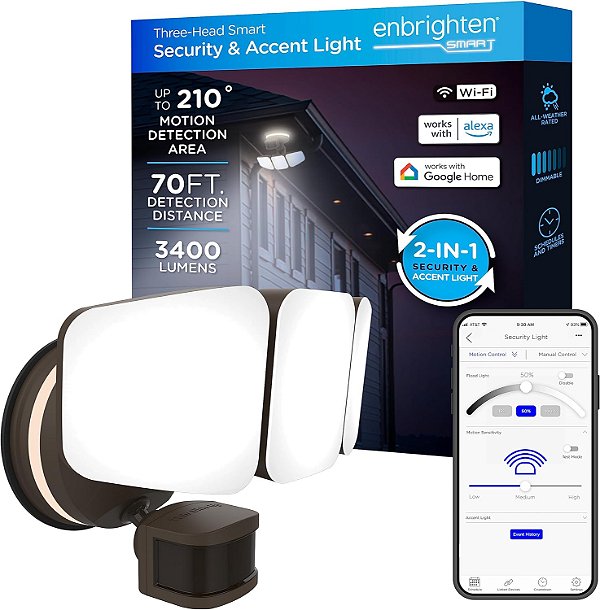Luminária de Segurança Inteligente Enbrighten LED Wi-Fi, Controle pelo Aplicativo, Acionamento por Movimento, Três Cabeças, Bronze, Listada pela ETL, Resistente a UV, 3400 Lumens, 4000K,