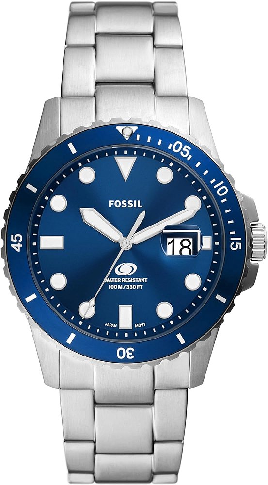 Relógio esportivo inspirado em mergulho para homens da Fossil Blue com pulseira de aço inoxidável, silicone ou couro.