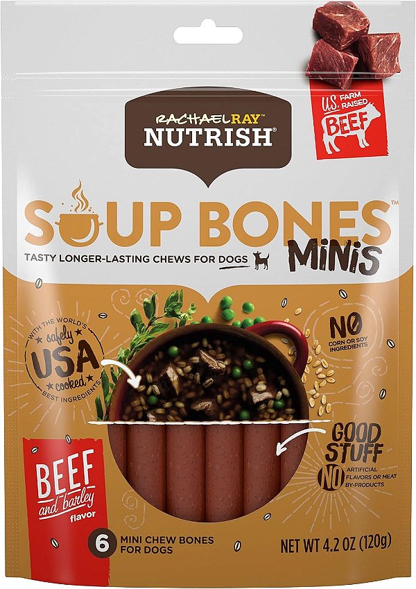 Petiscos para cães Rachael Ray Nutrish Soup Bones Minis, sabor carne e cevada, 6 mini ossos (pacote com 8)